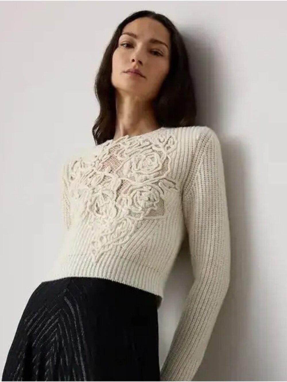 Ralph Lauren Embroidered Cropped Cashmere Sweater Cream Size Large NWT